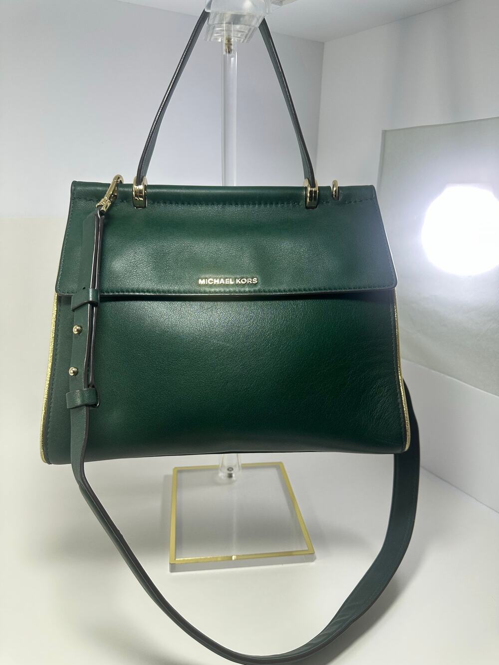 Michael Kors Whitney Leather Satchel / Shoulder Bag – Emerald Green & Gold